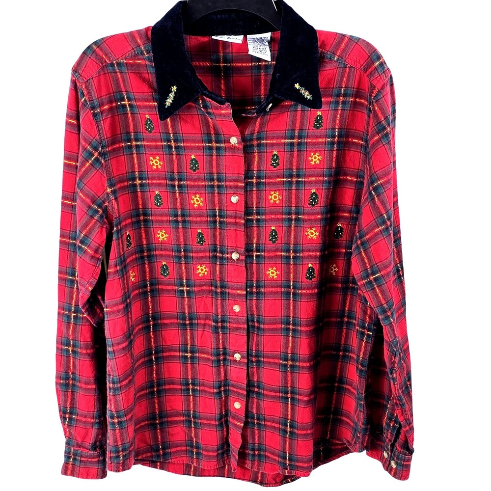 Bobbie‎ Brooks Christmas Plaid Flannel Shirt Red Metallic Velvet Collar Large